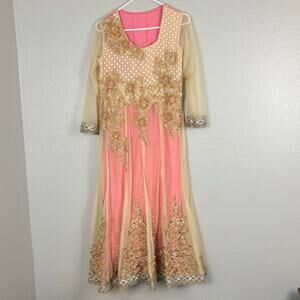 Approx M Pink Gold Embroidered Flowers Floral Anarkali Saree Gown Dress Layered